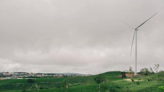 Chiếc quạt gió đầu tiên đã lộ diện giữa đồi chè Cầu Đất xanh ngát