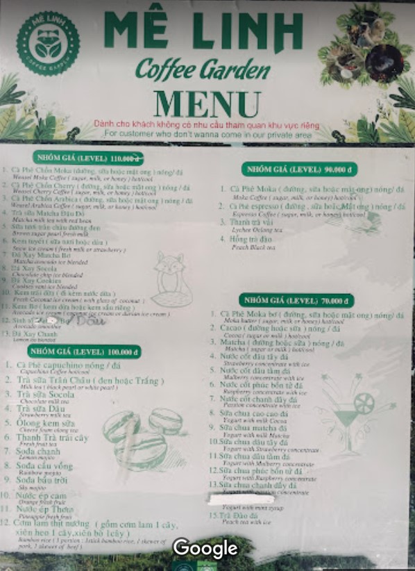 Menu Cafe Me Linh 2023 Khong Tham Quan